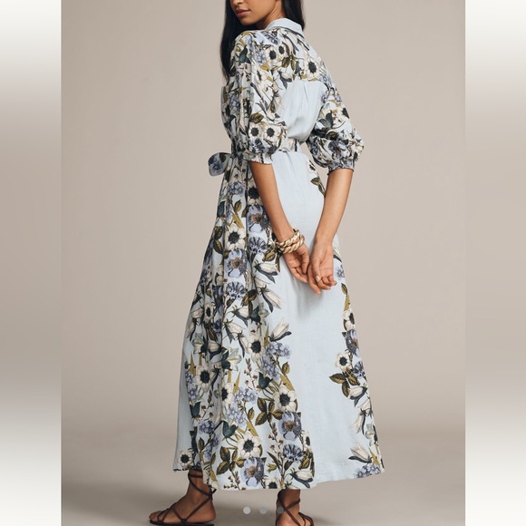 Anthropologie Mona belted Linen Shirt Dress Maeve NEW Large Blue Floral - Picture 3 of 15